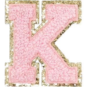 Pack of 10 Light Pink W/Gold Glitter Outline "K" Iron On Patch